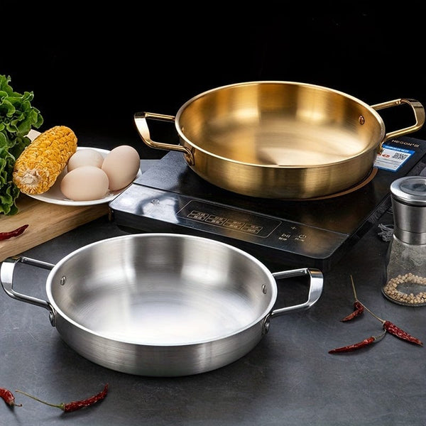 Planet Gates Seafood Griddle (double Ears) Without Lid-gold 18cm 1pc, Korean Seafood Pot, Stainless Steel Ramen Noodles Pot For Hot Pot, Golden Instant Noodle Pot, Two Ear Noodle Pot, Kitchen Utensils, Camping Cooking Tools, Cookware