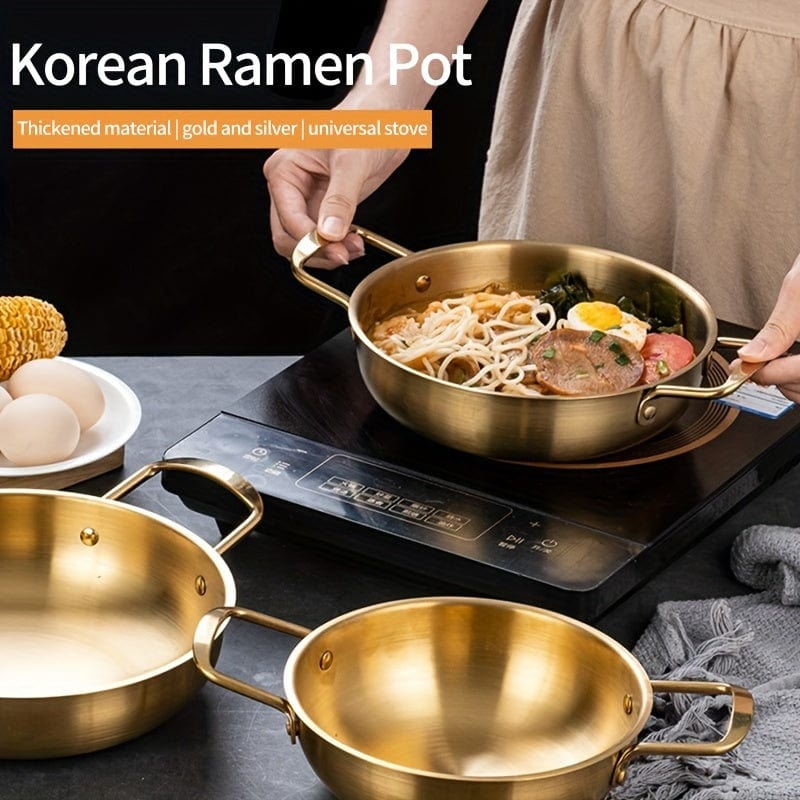 Planet Gates Seafood Griddle (double Ears) Without Lid-gold 18cm 1pc, Korean Seafood Pot, Stainless Steel Ramen Noodles Pot For Hot Pot, Golden Instant Noodle Pot, Two Ear Noodle Pot, Kitchen Utensils, Camping Cooking Tools, Cookware
