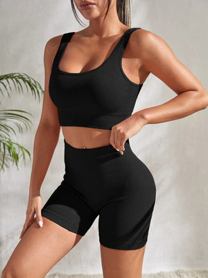 Planet Gates Seamless Ribbed Yoga Sets Workout Sets for Women 2 Pieces Gym Suits Ribbed Crop Tank High Waist Shorts Outfits Fitness Running