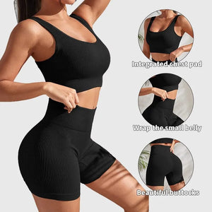 Planet Gates Seamless Ribbed Yoga Sets Workout Sets for Women 2 Pieces Gym Suits Ribbed Crop Tank High Waist Shorts Outfits Fitness Running