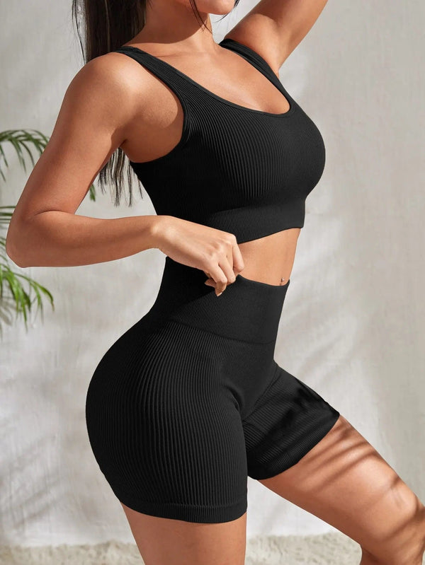 Planet Gates Seamless Ribbed Yoga Sets Workout Sets for Women 2 Pieces Gym Suits Ribbed Crop Tank High Waist Shorts Outfits Fitness Running