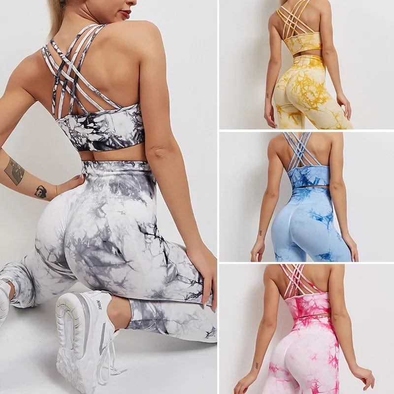 Planet Gates Seamless Tie-Dyed Yoga Sets Sports Fitness High Waist Hip Raise Pants Cutout Bra Suit Workout Clothes Gym Leggings Set for Women
