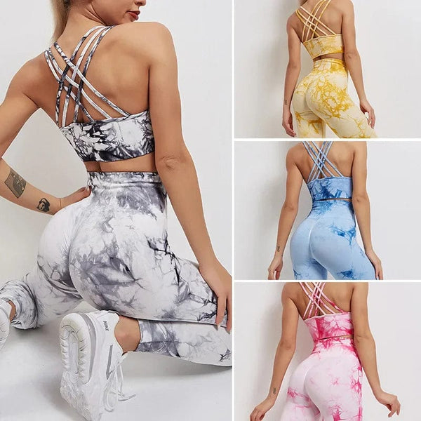 Planet Gates Seamless Tie-Dyed Yoga Sets Sports Fitness High Waist Hip Raise Pants Cutout Bra Suit Workout Clothes Gym Leggings Set for Women