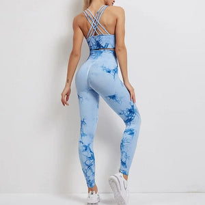 Planet Gates Seamless Tie-Dyed Yoga Sets Sports Fitness High Waist Hip Raise Pants Cutout Bra Suit Workout Clothes Gym Leggings Set for Women