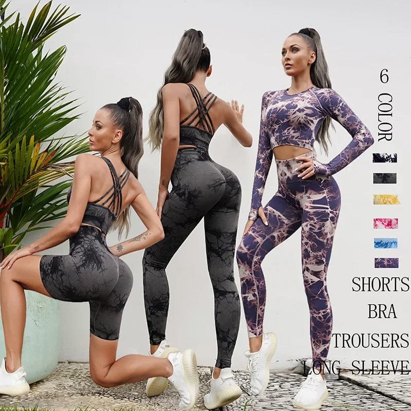 Planet Gates Seamless Tie-Dyed Yoga Sets Sports Fitness High Waist Hip Raise Pants Cutout Bra Suit Workout Clothes Gym Leggings Set for Women
