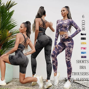 Planet Gates Seamless Tie-Dyed Yoga Sets Sports Fitness High Waist Hip Raise Pants Cutout Bra Suit Workout Clothes Gym Leggings Set for Women