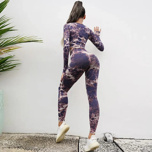 Planet Gates Seamless Tie-Dyed Yoga Sets Sports Fitness High Waist Hip Raise Pants Cutout Bra Suit Workout Clothes Gym Leggings Set for Women