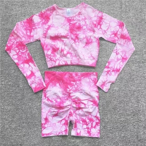 Planet Gates Seamless Tie-Dyed Yoga Sets Sports Fitness High Waist Hip Raise Pants Cutout Bra Suit Workout Clothes Gym Leggings Set for Women