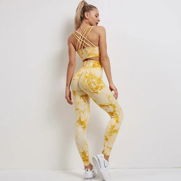 Planet Gates Seamless Tie-Dyed Yoga Sets Sports Fitness High Waist Hip Raise Pants Cutout Bra Suit Workout Clothes Gym Leggings Set for Women