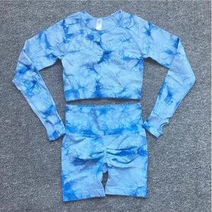 Planet Gates Seamless Tie-Dyed Yoga Sets Sports Fitness High Waist Hip Raise Pants Cutout Bra Suit Workout Clothes Gym Leggings Set for Women