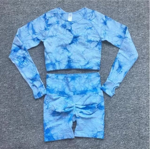 Planet Gates Seamless Tie-Dyed Yoga Sets Sports Fitness High Waist Hip Raise Pants Cutout Bra Suit Workout Clothes Gym Leggings Set for Women