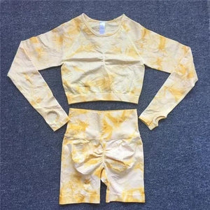 Planet Gates Seamless Tie-Dyed Yoga Sets Sports Fitness High Waist Hip Raise Pants Cutout Bra Suit Workout Clothes Gym Leggings Set for Women