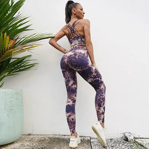 Planet Gates Seamless Tie-Dyed Yoga Sets Sports Fitness High Waist Hip Raise Pants Cutout Bra Suit Workout Clothes Gym Leggings Set for Women