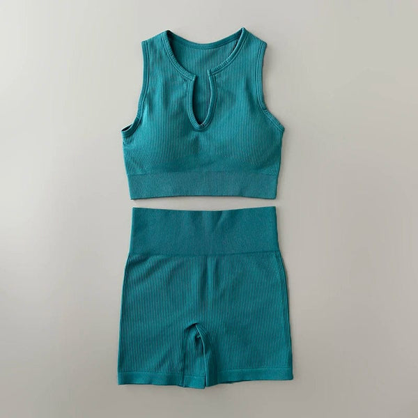 Planet Gates Seamless Yoga Set Ribbed Workout Outfits for Women 2/4 Piece Sport Bra High Waist Shorts Yoga Leggings Sets Fitness Gym Clothing