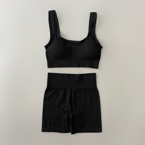 Planet Gates Seamless Yoga Set Ribbed Workout Outfits for Women 2/4 Piece Sport Bra High Waist Shorts Yoga Leggings Sets Fitness Gym Clothing