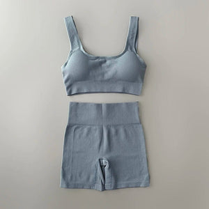 Planet Gates Seamless Yoga Set Ribbed Workout Outfits for Women 2/4 Piece Sport Bra High Waist Shorts Yoga Leggings Sets Fitness Gym Clothing