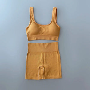 Planet Gates Seamless Yoga Set Ribbed Workout Outfits for Women 2/4 Piece Sport Bra High Waist Shorts Yoga Leggings Sets Fitness Gym Clothing