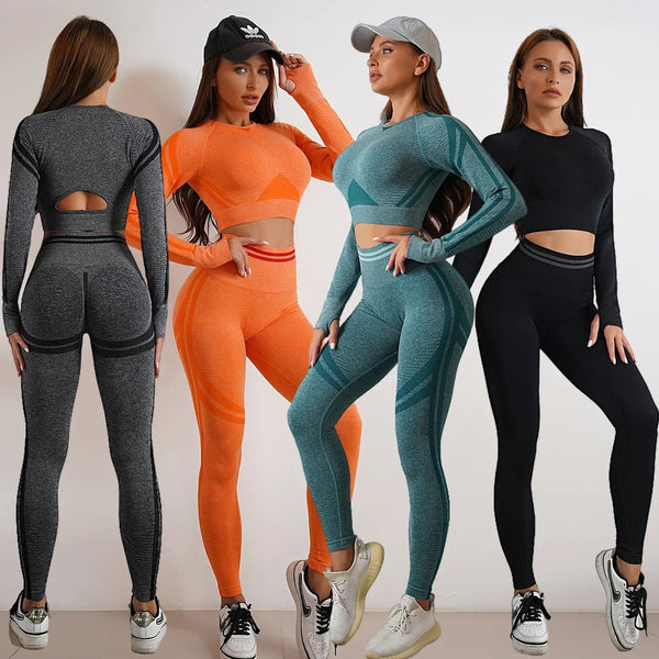 Planet Gates Seamless Yoga Sets Sports Fitness High Waist Hip Raise Pants Long-Sleeved Backless Suit Workout Clothes Gym Shorts Set for Women