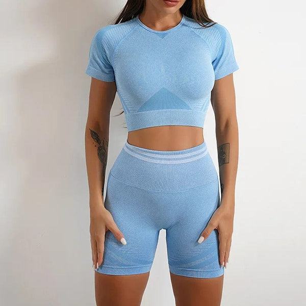 Planet Gates Seamless Yoga Sets Sports Fitness High Waist Hip Raise Pants Long-Sleeved Backless Suit Workout Clothes Gym Shorts Set for Women