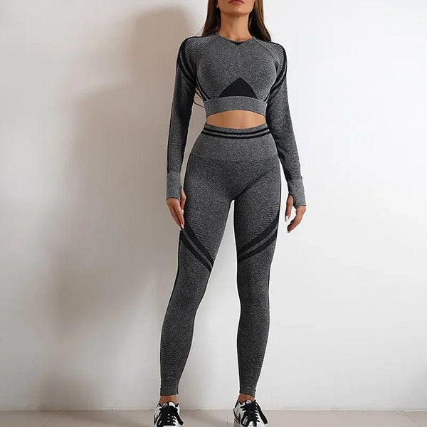 Planet Gates Seamless Yoga Sets Sports Fitness High Waist Hip Raise Pants Long-Sleeved Backless Suit Workout Clothes Gym Shorts Set for Women