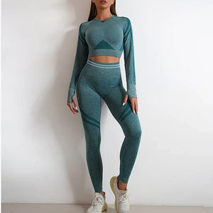 Planet Gates Seamless Yoga Sets Sports Fitness High Waist Hip Raise Pants Long-Sleeved Backless Suit Workout Clothes Gym Shorts Set for Women