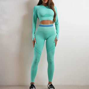 Planet Gates Seamless Yoga Sets Sports Fitness High Waist Hip Raise Pants Long-Sleeved Backless Suit Workout Clothes Gym Shorts Set for Women