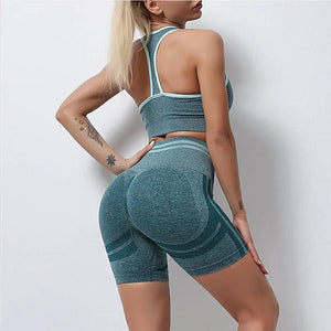 Planet Gates Seamless Yoga Sets Sports Fitness High Waist Hip Raise Pants Long-Sleeved Backless Suit Workout Clothes Gym Shorts Set for Women
