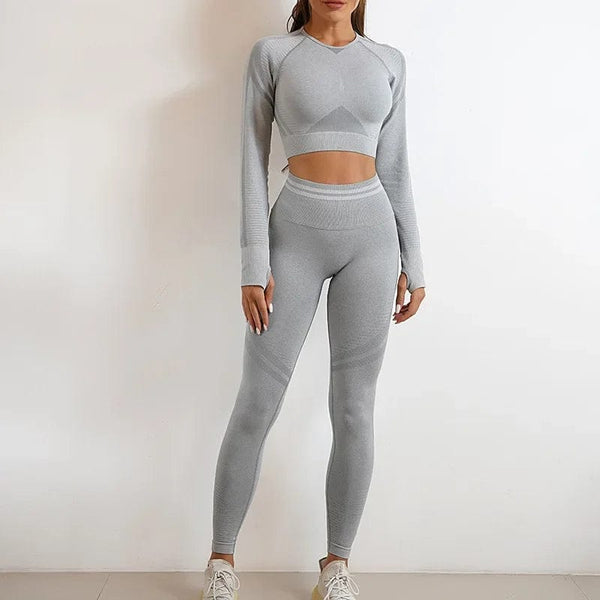 Planet Gates Seamless Yoga Sets Sports Fitness High Waist Hip Raise Pants Long-Sleeved Backless Suit Workout Clothes Gym Shorts Set for Women