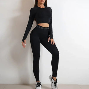Planet Gates Seamless Yoga Sets Sports Fitness High Waist Hip Raise Pants Long-Sleeved Backless Suit Workout Clothes Gym Shorts Set for Women