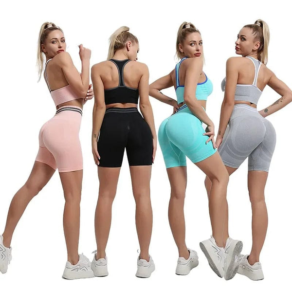 Planet Gates Seamless Yoga Sets Sports Fitness High Waist Hip Raise Pants Long-Sleeved Backless Suit Workout Clothes Gym Shorts Set for Women