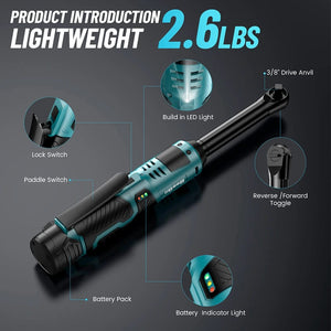 Planet Gates SEESII 3/8 Inch 55Nm Cordless Electric Wrench 6" Extended Ratchet Wrench 12V Rechargeable Car Repair Tool Set Angle Wrench