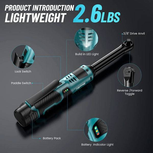 Planet Gates SEESII 3/8 Inch 55Nm Cordless Electric Wrench 6" Extended Ratchet Wrench 12V Rechargeable Car Repair Tool Set Angle Wrench