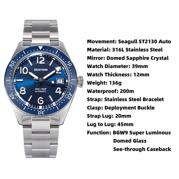 Planet Gates SEESTERN Diving Watch of Men Automatic Mechanical Wristwatches Seagul ST2130 Movement 20bar Waterproof Luminous Domed Crystal