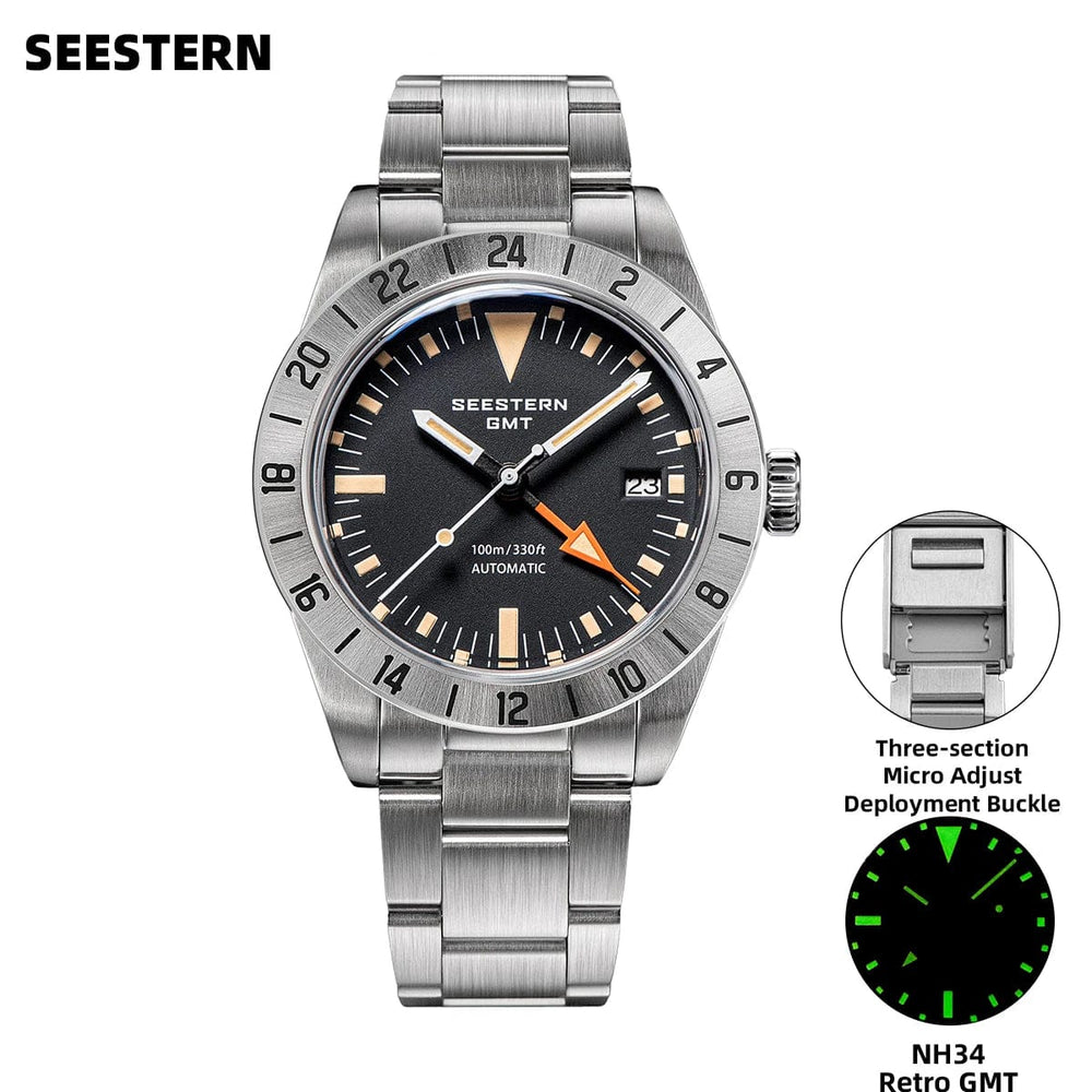 Planet Gates SEESTERN GMT Watch of Men Retro NH34 Automatic Movement Mechanical Wristwatch Dome Sapphire Glass AR Coating Micro Deploy Buckle