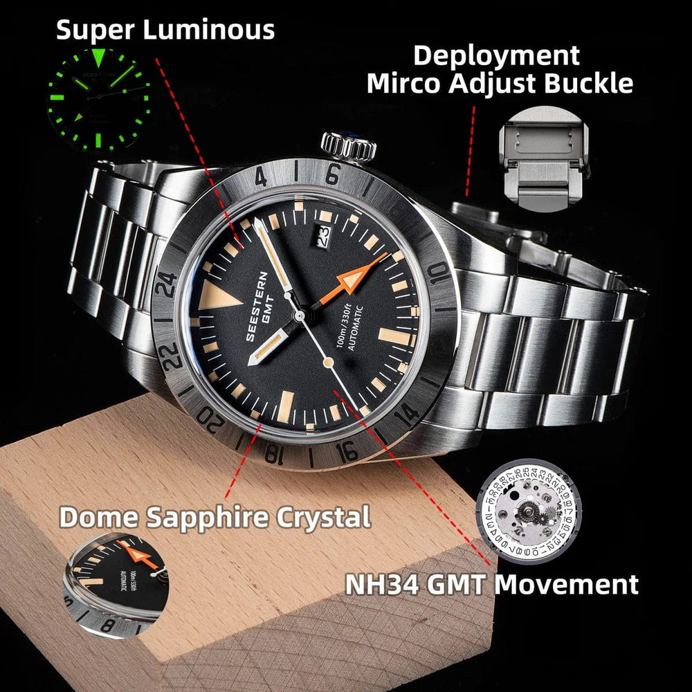 Planet Gates SEESTERN GMT Watch of Men Retro NH34 Automatic Movement Mechanical Wristwatch Dome Sapphire Glass AR Coating Micro Deploy Buckle