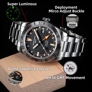 Planet Gates SEESTERN GMT Watch of Men Retro NH34 Automatic Movement Mechanical Wristwatch Dome Sapphire Glass AR Coating Micro Deploy Buckle