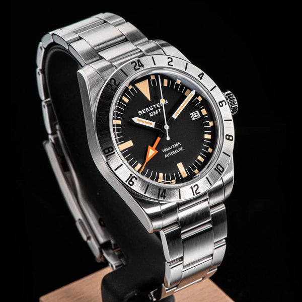 Planet Gates SEESTERN GMT Watch of Men Retro NH34 Automatic Movement Mechanical Wristwatch Dome Sapphire Glass AR Coating Micro Deploy Buckle