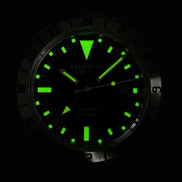 Planet Gates SEESTERN GMT Watch of Men Retro NH34 Automatic Movement Mechanical Wristwatch Dome Sapphire Glass AR Coating Micro Deploy Buckle