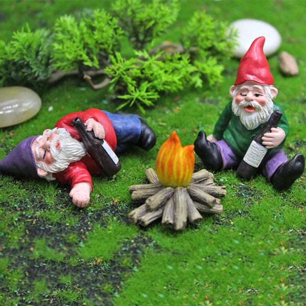 Planet Gates set 1pc Fairy Garden Drunk Gnomes Miniature Ornaments Set Mini Dwarf Bonfire Statues for Planter Flowerpot Decor Accessories