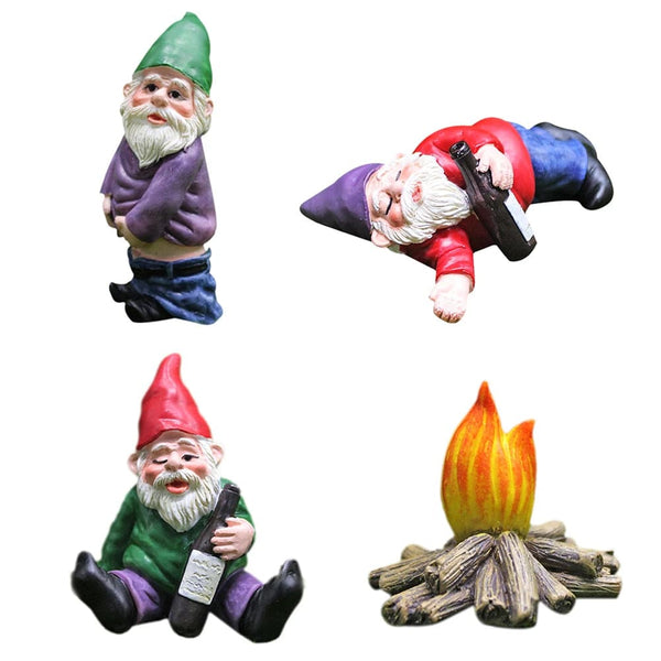 Planet Gates set 1pc Fairy Garden Drunk Gnomes Miniature Ornaments Set Mini Dwarf Bonfire Statues for Planter Flowerpot Decor Accessories