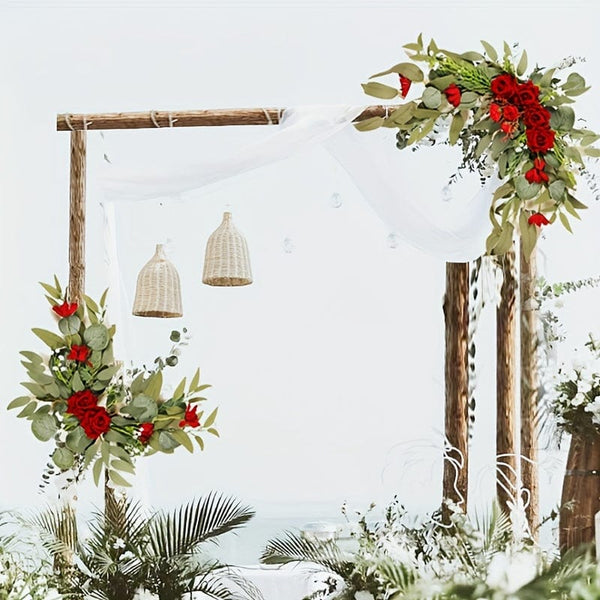 Planet Gates Set, Artificial Flowers Wedding Welcome Card Decoration Set, Red And White Rose Proposal Engagement Party Ceremony Flowers Outdoor Wedding Arch Flower Decoration Reception Background Of The Floral Decoration