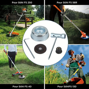 Planet Gates Set Of 5 Blade Adapters 5pcs/set Blade Adapter Attachment Maintenance Kit For Stihl FS55 FS55R FS56 FS56RC FS70R FS80 FS85 FS90 FS90R FS94 FS100RX FS110 FS120 FS130 FS130R (Thrust Washer, Rider Plate, Collar Nut, Wrench)