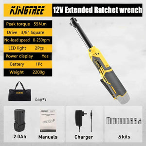 Planet Gates Set  With Bag Kingtree Cordless Electric Charging Wrench 12V Extended 6" Head Ratchet Wrench Lithium Battery Hand Tool High Torque Power Tools