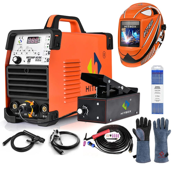 Planet Gates Set1 no helmet / 220V / spain HITBOX AC/DC Aluminium Tig Welding Machine HBT250P HF TIG/MMA ARC Stick Welder with Pulse Argon Welding IGBT Inverter 2T/4T