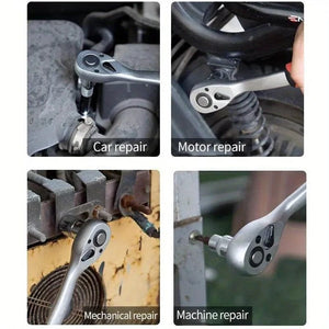 Planet Gates Silver 1/4 3/8 Inch Ratchet Wrench 24 Tooth Drive Ratchet Socket Wrench Tool Multi-funtion DIY Hand Tool Ratchet Handle Wrench