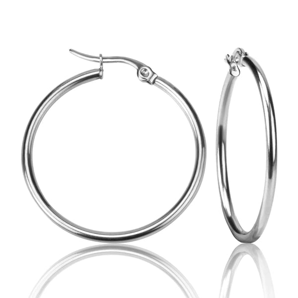 Planet Gates silver / 35mm LUXUSTEEL 2Pcs 10-70mm Stainless Steel Hoop Earrings For Women Men Silver Color Round Small Big Circle Huggies Punk Jewelry