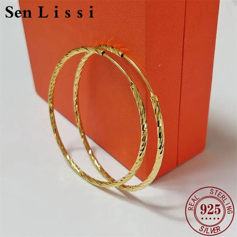 Planet Gates SILVER 40mm Senlissi -  Women's Hoop Earrings 18K YELLOW Gold Plated 925 Sterling Silver Fashion Drop Earrings Cерьги Kольца Kольц SL009
