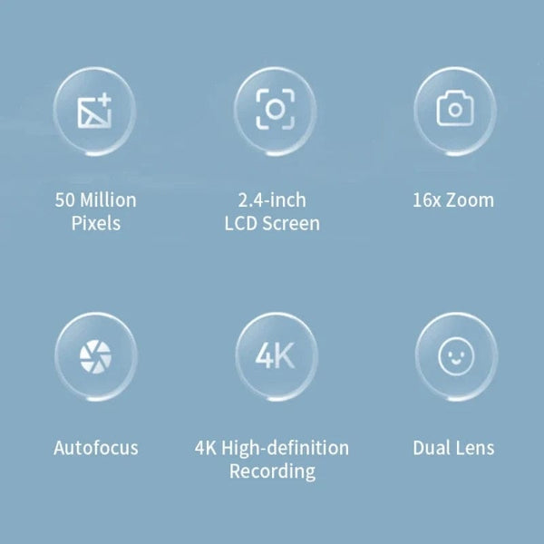 Planet Gates Silver 4K Digital Camera 50 Megapixels HD Photography Travel Selfie Camera 2.4 inch Screen Entry-Level Kids Campus Selfie Mini Camera