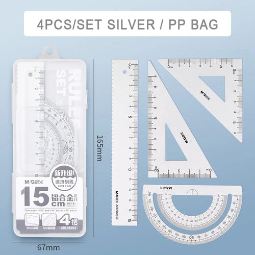 Planet Gates Silver 4Pcs/Set M&G Aluminium Ruler Set Maths Drawing Metal Ruler  Stationery Rulers Mathematical for School