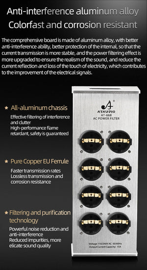 Planet Gates Silver AC-8 Hi-end EU Hifi Power Filter for Standard EU Socket Noise-free Audio Purifier Filter Power Conditioner with EU Outlets Strip